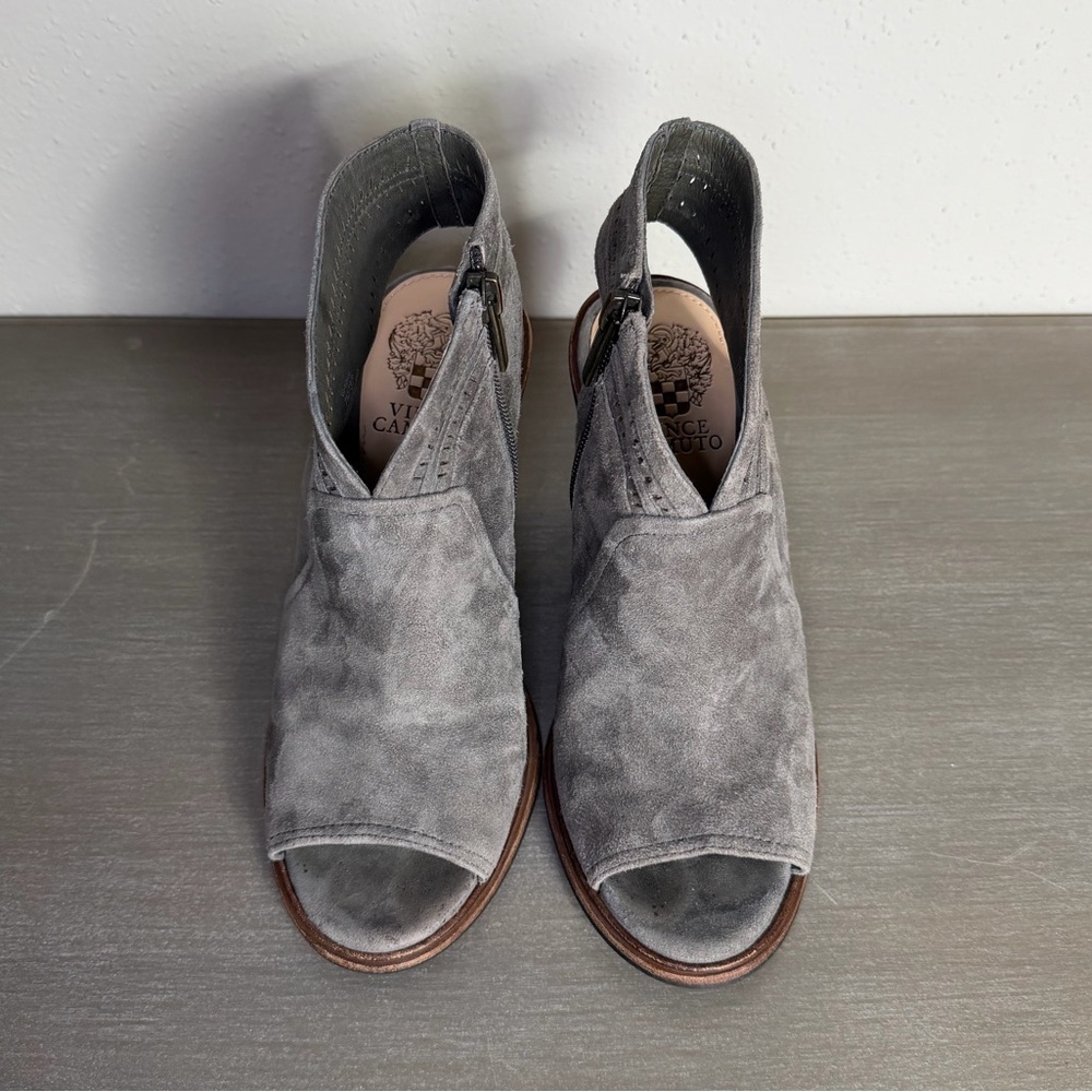 Vince Camuto Peep Toe Ankle Boots - Gray Suede - Block Heel - Picture 3 of 8
